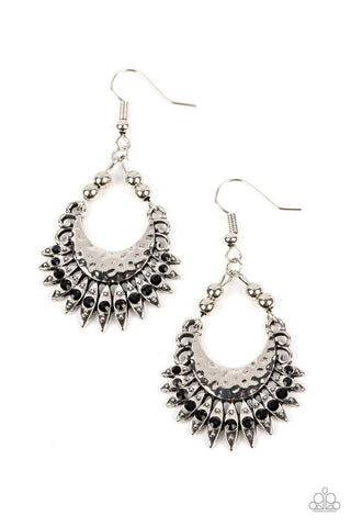 Lunar Luxury - Black - Rhinestone Studded Silver Half Moon Paparazzi Fishhook Earrings