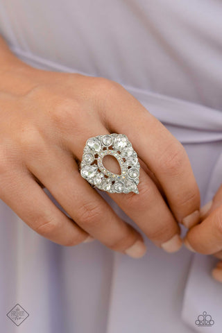 First Class Fairytale - White - and Iridescent Rhinestone Teardrop Paparazzi Ring - July 2023 Fiercely 5th Avenue