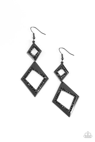 Deco Decoupage - Black - Diamond Shaped Gunmetal Frame Hematite Rhinestone Paparazzi Fishhook Earrings