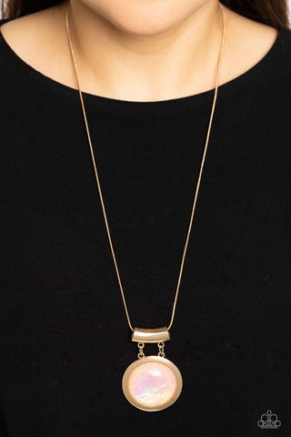 Starlight Starbright - Gold - White Glassy Opalescent Oversized Gem Paparazzi Long Necklace