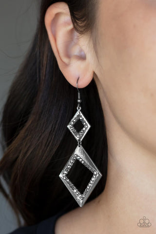Deco Decoupage - Black - Diamond Shaped Gunmetal Frame Hematite Rhinestone Paparazzi Fishhook Earrings