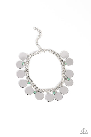 Dreamy Discs - Green - Opalescent Bead Silver Disc Paparazzi Lobster Claw Bracelet