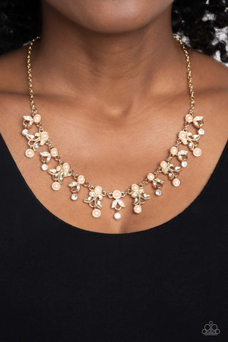Garden Princess - Gold - White Rhinestone Leafy Filigree Paparazzi Short Necklace