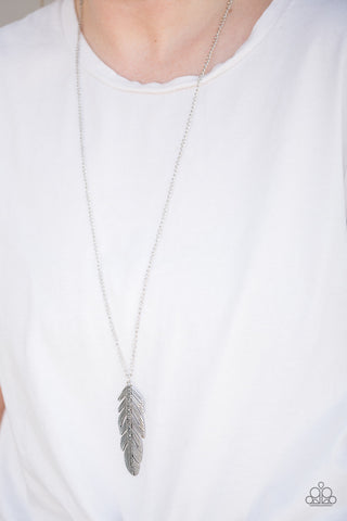 Sky Quest - Silver - Hematite Rhinestone Center Feather Paparazzi Long Necklace