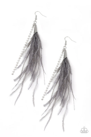Showstopping Showgirl - Silver - Gray Feather White Rhinestone Paparazzi Fishhook Earrings