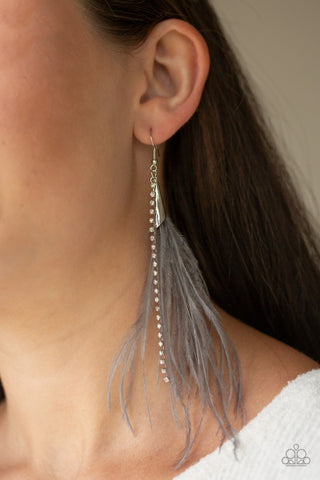 Showstopping Showgirl - Silver - Gray Feather White Rhinestone Paparazzi Fishhook Earrings