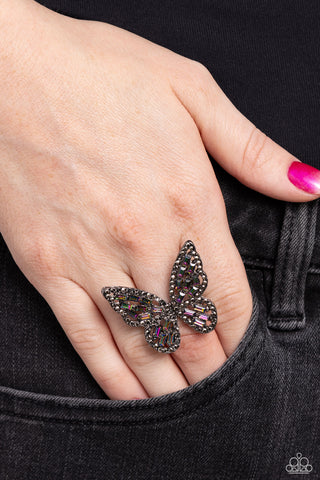 Flauntable Flutter - Multi - Oil Spill Rhinestone and Gunmetal Butterfly Paparazzi Ring