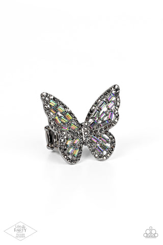 Flauntable Flutter - Multi - Oil Spill Rhinestone and Gunmetal Butterfly Paparazzi Ring