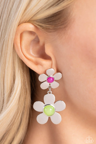 Fashionable Florals - Green - and Purple Beaded Center Flower Paparazzi Post Earrings