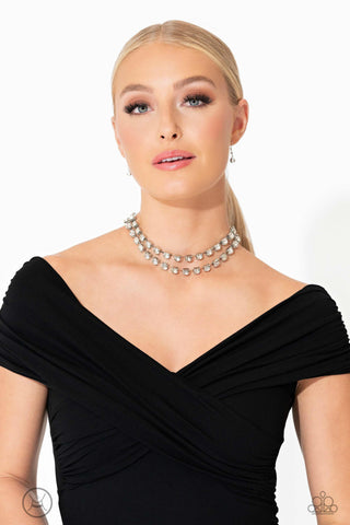 Glistening Gallery - White - Oversized Rhinestone Tiered Paparazzi Choker Necklace - November 2023 Life of the Party Exclusive