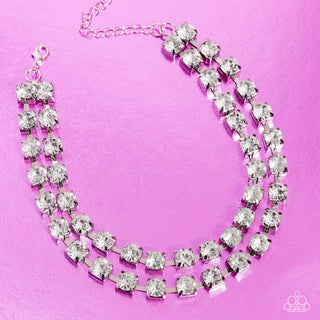 Glistening Gallery - White - Oversized Rhinestone Tiered Paparazzi Choker Necklace - November 2023 Life of the Party Exclusive