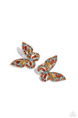 Tilted Takeoff - Orange - Blue and Yellow Gem Encrusted Butterfly Paparazzi Post Earrings