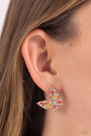 Tilted Takeoff - Orange - Blue and Yellow Gem Encrusted Butterfly Paparazzi Post Earrings