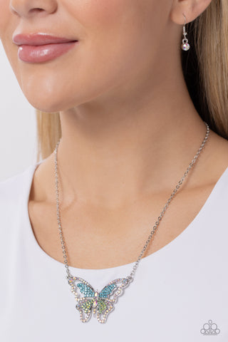Weekend WINGS - Multi - Green, Blue, and Iridescent Rhinestone Butterfly Paparazzi Short Necklace