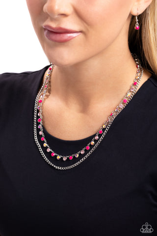 Delicate Dame - Pink - and Iridescent Rhinestone and Bead Tiered Paparazzi Short Necklace