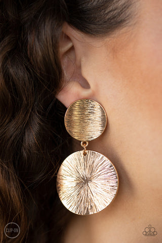 BRIGHT on Cue Gold Paparazzi Clip-On Earrings