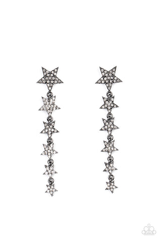 Americana Attitude - Black - White Rhinestone Encrusted Gunmetal Cascading Stars Paparazzi Post Earrings