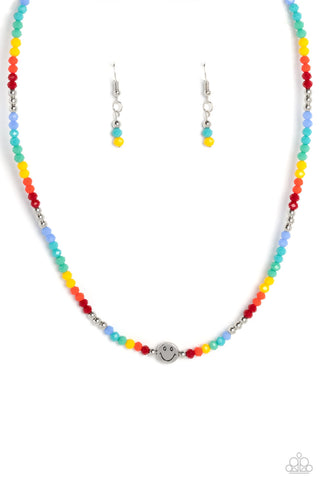 Beaming Bling - Multi - Rainbow Beaded Silver Smiley Face Paparazzi Short Necklace