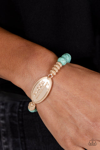 Bedouin Bloom - Gold - "BLOOM Your Own Way" Blue Stone Bead Inspirational Paparazzi Stretchy Bracelet