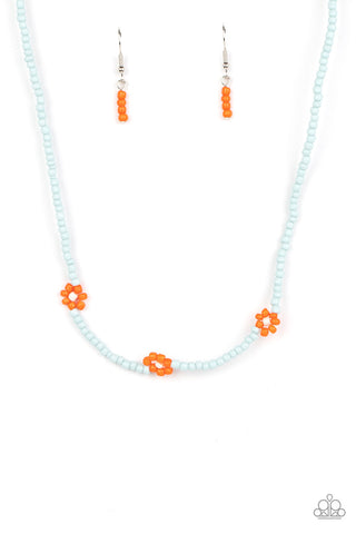 Bewitching Beading - Orange - and Blue Seed Bead Flower Paparazzi Short Necklace