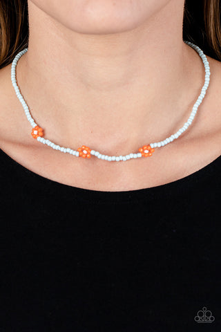 Bewitching Beading - Orange - and Blue Seed Bead Flower Paparazzi Short Necklace