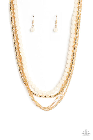 Boardwalk Babe - Gold - White Faceted Bead Tiered Paparazzi Short Necklace