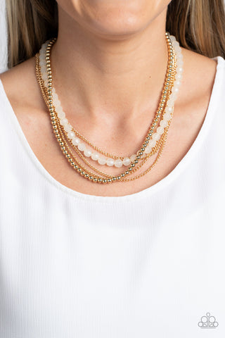 Boardwalk Babe - Gold - White Faceted Bead Tiered Paparazzi Short Necklace