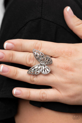 Bright-Eyed Butterfly - White - Rhinestone Paparazzi Ring