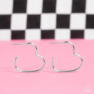 Burnished Beau - Silver - Heart-Shaped Paparazzi Small Hoop Earrings