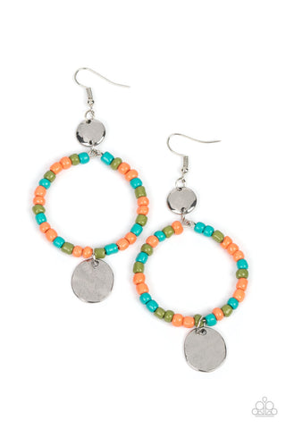 Cayman Catch - Orange - Multicolored Seed Bead Hoop Silver Disc Paparazzi Fishhook Earrings
