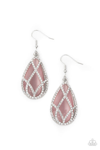 Crawling with Couture - Pink - Oversized Cat's Eye Stone White Rhinestone Overlay Paparazzi Fishhook Earrings