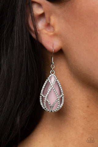 Crawling with Couture - Pink - Oversized Cat's Eye Stone White Rhinestone Overlay Paparazzi Fishhook Earrings