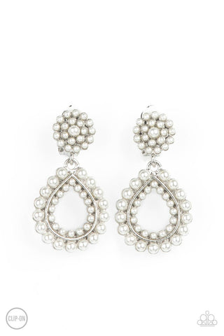 Discerning Droplets White Paparazzi Clip-On Earrings