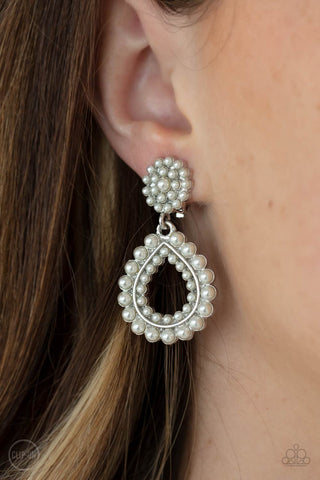 Discerning Droplets White Paparazzi Clip-On Earrings