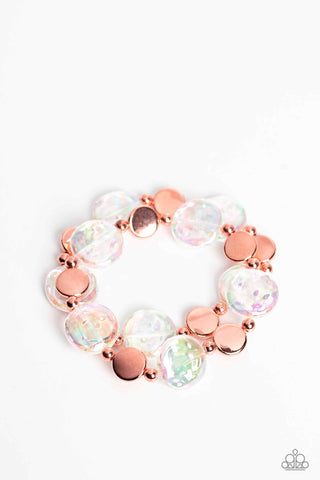 Discus Throw - Copper - White Iridescent Bead Paparazzi Stretchy Bracelet