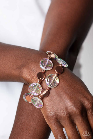Discus Throw - Copper - White Iridescent Bead Paparazzi Stretchy Bracelet