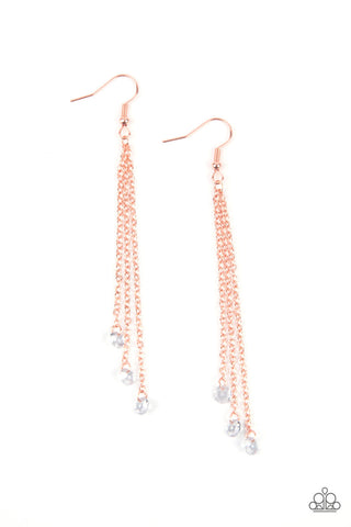 Divine Droplets - Copper - White Rhinestone Fringe Paparazzi Fishhook Earrings