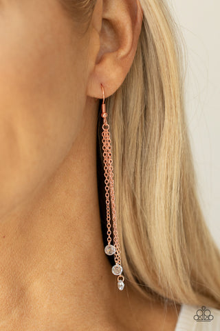 Divine Droplets - Copper - White Rhinestone Fringe Paparazzi Fishhook Earrings