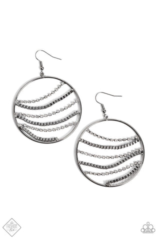 Fighting Fortune - Black - White Rhinestone Gunmetal Chain Paparazzi Hoop Fishhook Earrings - November 2022 Magnificent Musings