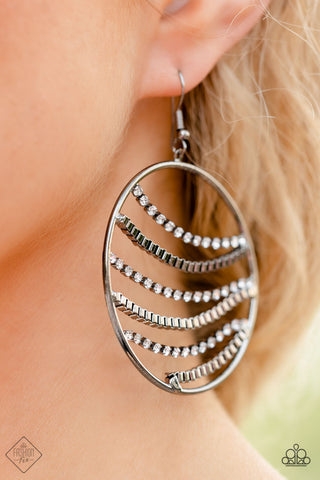 Fighting Fortune - Black - White Rhinestone Gunmetal Chain Paparazzi Hoop Fishhook Earrings - November 2022 Magnificent Musings