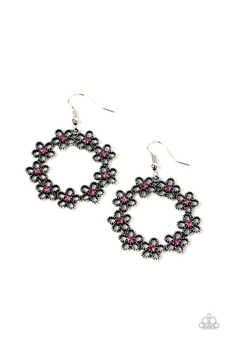 Floral Halos - Pink - Rhinestone Center Daisy Flower Hoop Paparazzi Fishhook Earrings