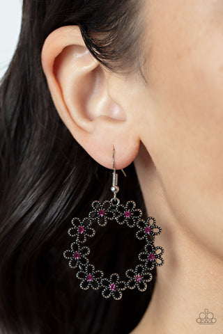 Floral Halos - Pink - Rhinestone Center Daisy Flower Hoop Paparazzi Fishhook Earrings