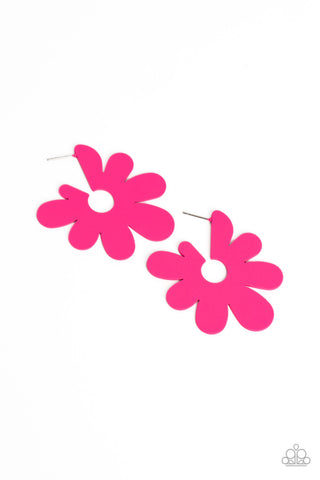 Flower Power Fantasy - Pink - Asymmetrical Flower Paparazzi Hoop Earrings
