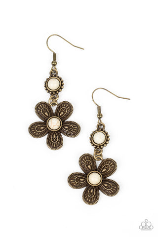 Free-Spirited Flourish - Brass - White Stone Center Flower Paparazzi Fishhook Earrings