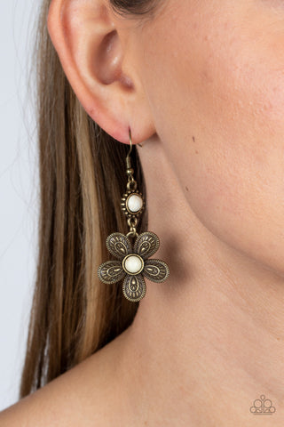 Free-Spirited Flourish - Brass - White Stone Center Flower Paparazzi Fishhook Earrings