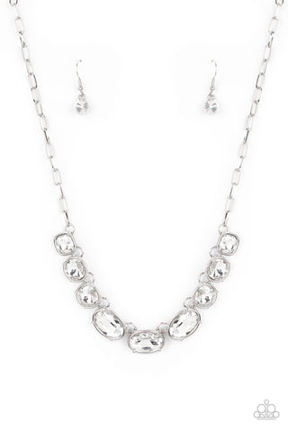 Gorgeously Glacial - White - Round and Oval Rhinestone Paparazzi Short Necklace - June 2021 Life of the Party Exclusive