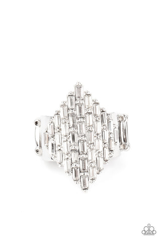 Hive Hustle - White - Emerald Cut Rhinestone Paparazzi Ring - May 2021 Life of the Party Exclusive