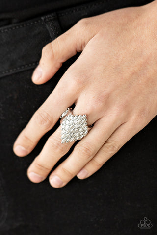 Hive Hustle - White - Emerald Cut Rhinestone Paparazzi Ring - May 2021 Life of the Party Exclusive