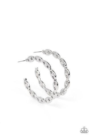 Impressive Innovation - Silver - Connected Flat Bead Paparazzi Hoop Earrings