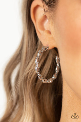 Impressive Innovation - Silver - Connected Flat Bead Paparazzi Hoop Earrings